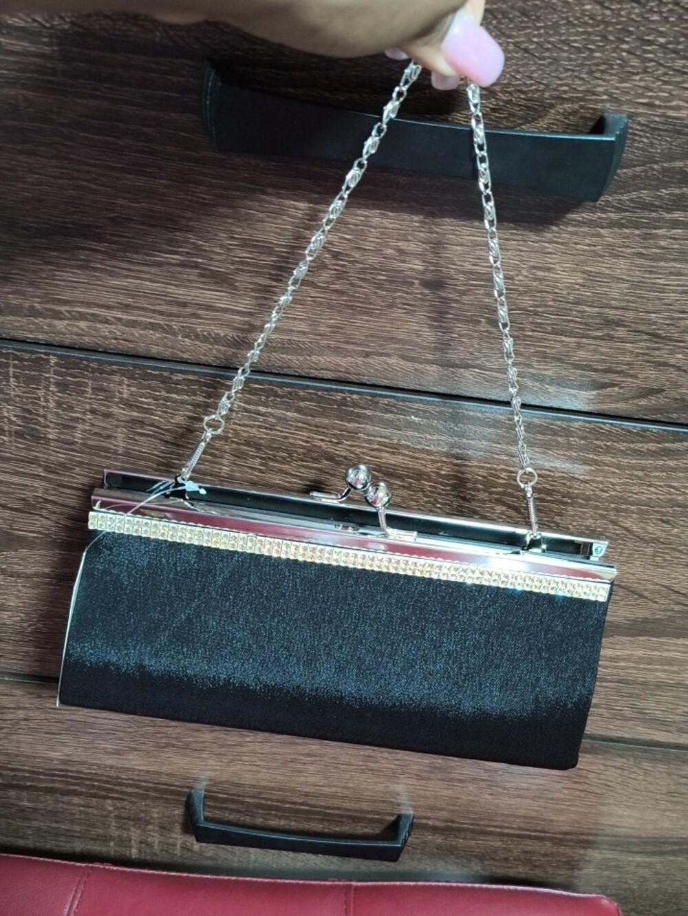 Black Satin Kiss-Lock Clutch with Metallic Accent - Picture 4 of 5